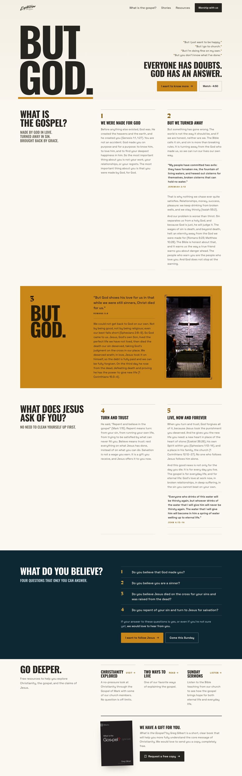 The gospel page for Lighthouse Community Church: But God. Everyone has doubts. God has an answer.