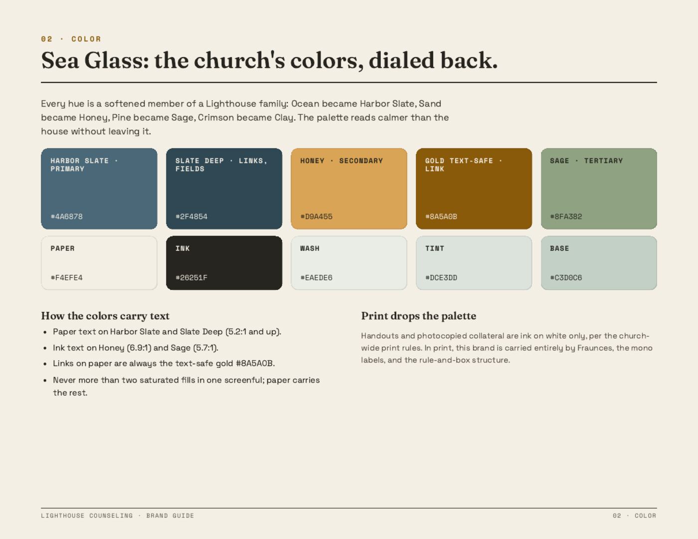 Brand guide page: the Sea Glass color palette