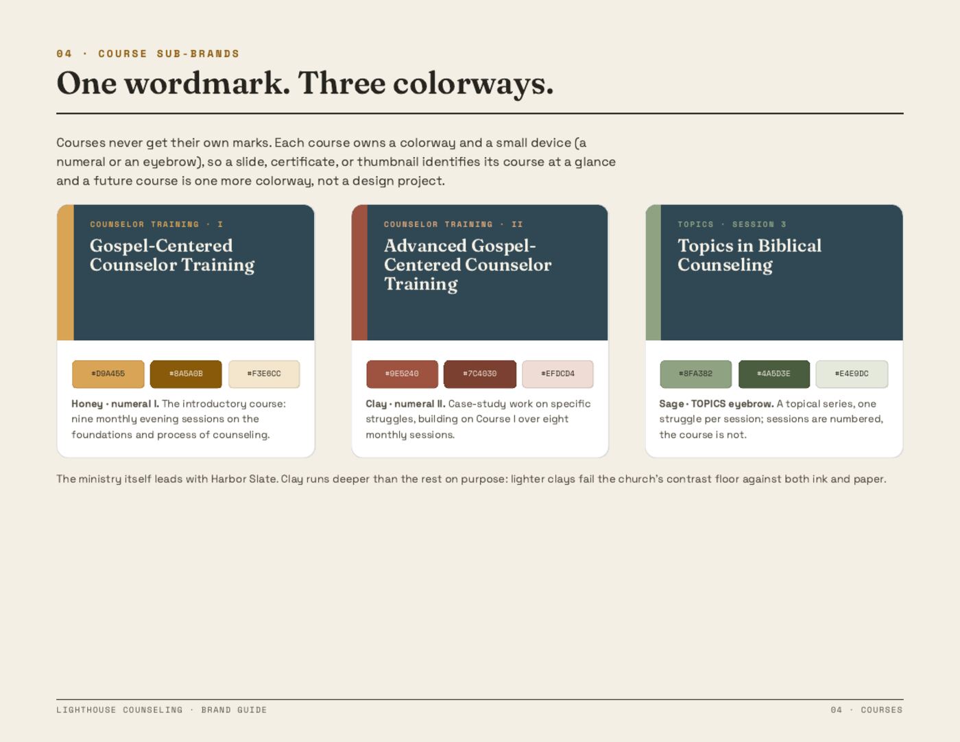Brand guide page: one wordmark in three colorways for three courses