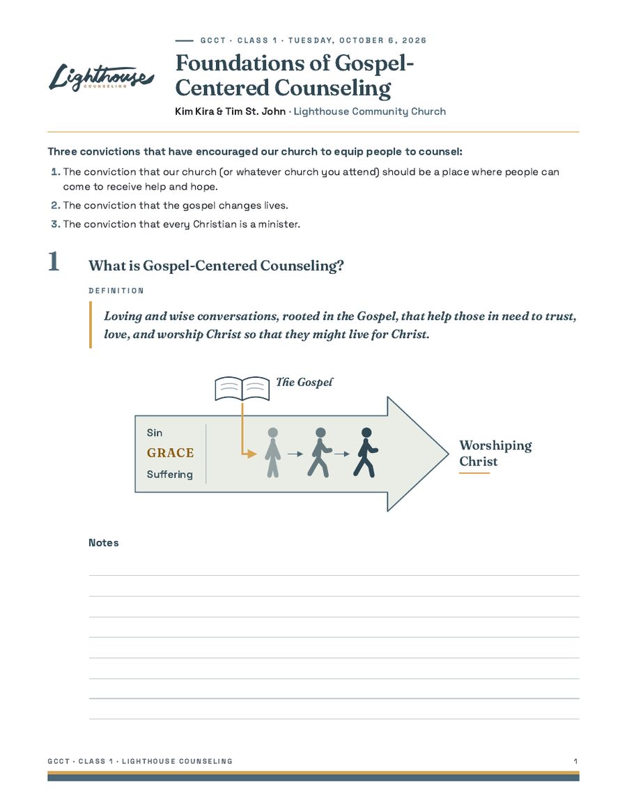 The first page of the Gospel-Centered Counselor Training class handout